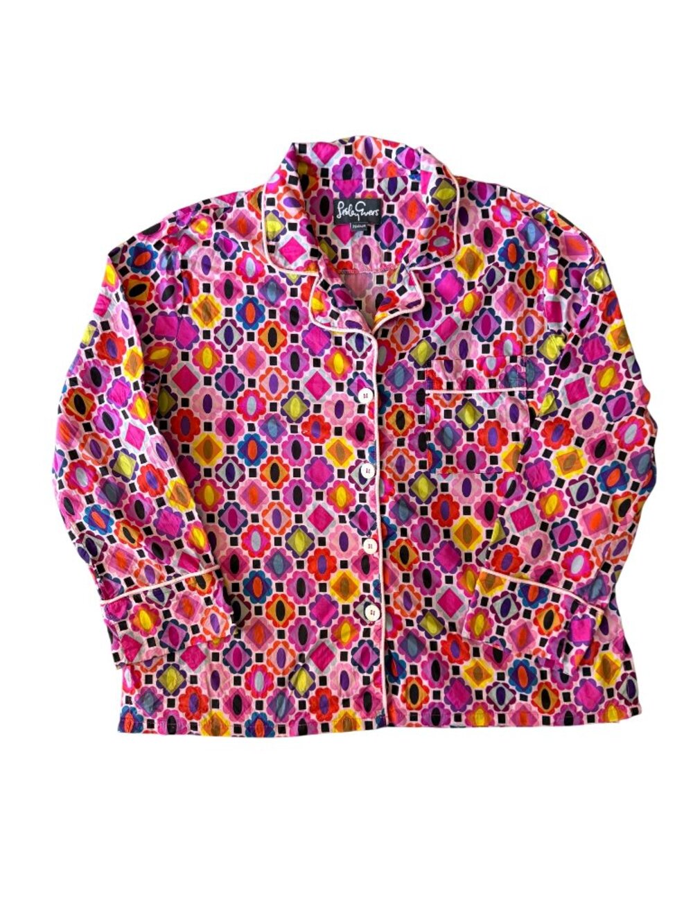 MEDIUM Lesley Evers IDA Pajama Top Geometric Print Pink Button Front Shirt